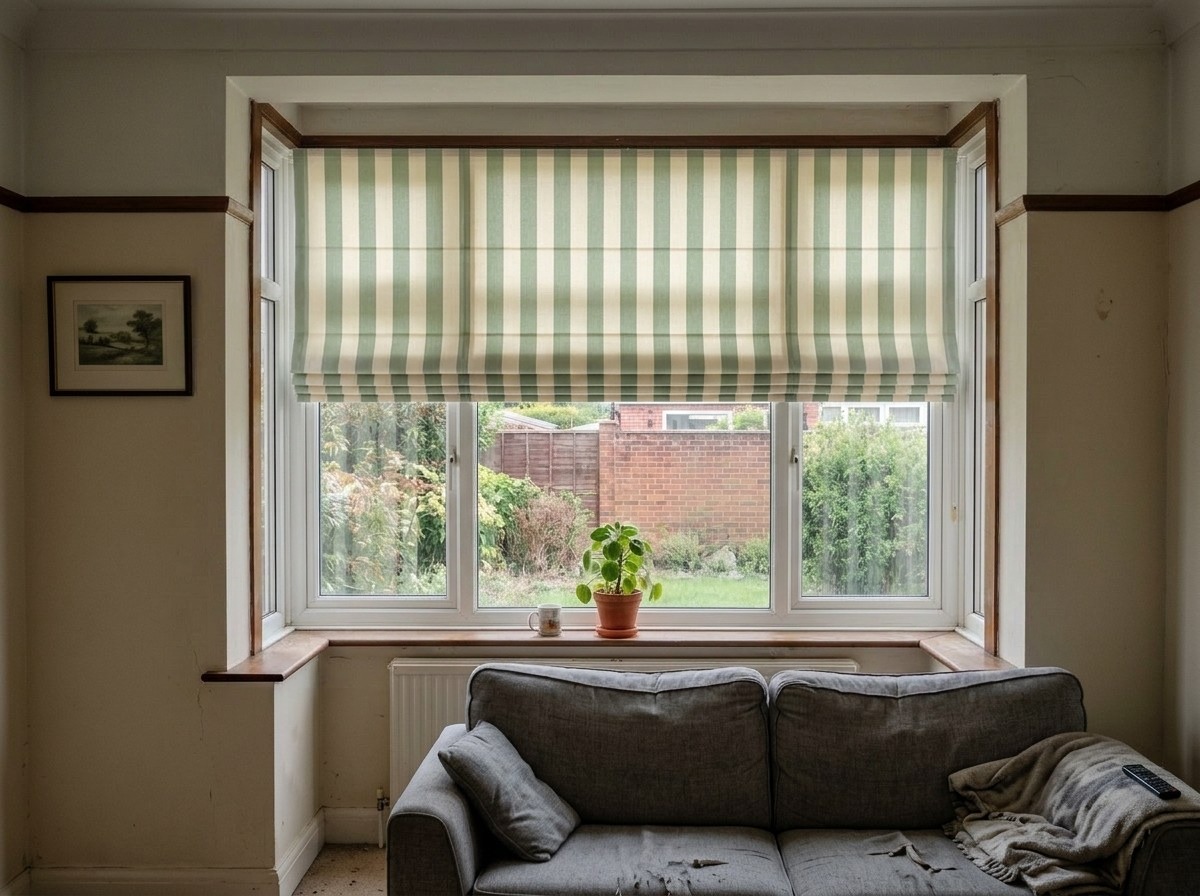 The same window with a sage and cream striped Roman blind