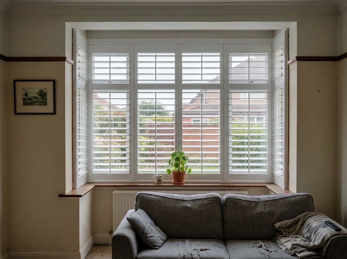 The same window with white plantation shutters