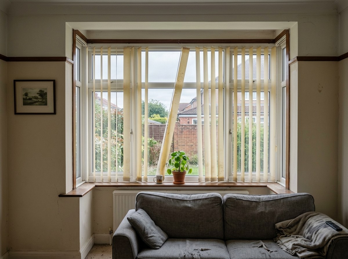 A living room window with a broken old vertical blind